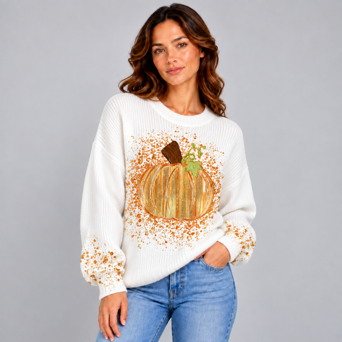Tess | Dames Halloween Trui Relaxed – Manchetten met Panterprint en Pompoenmotief
