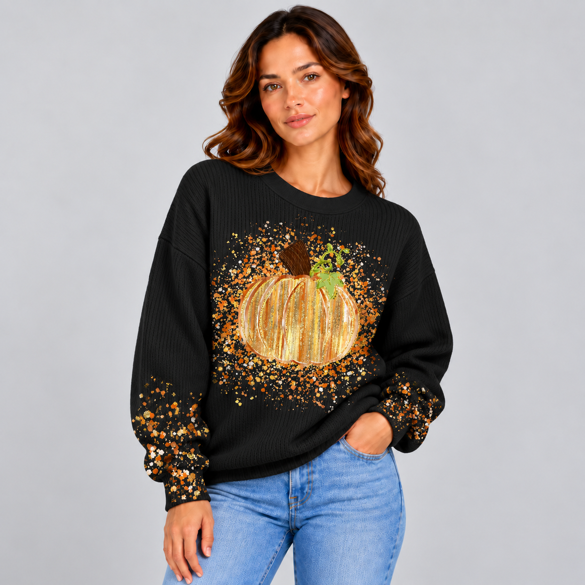 Tess | Dames Halloween Trui Relaxed – Manchetten met Panterprint en Pompoenmotief