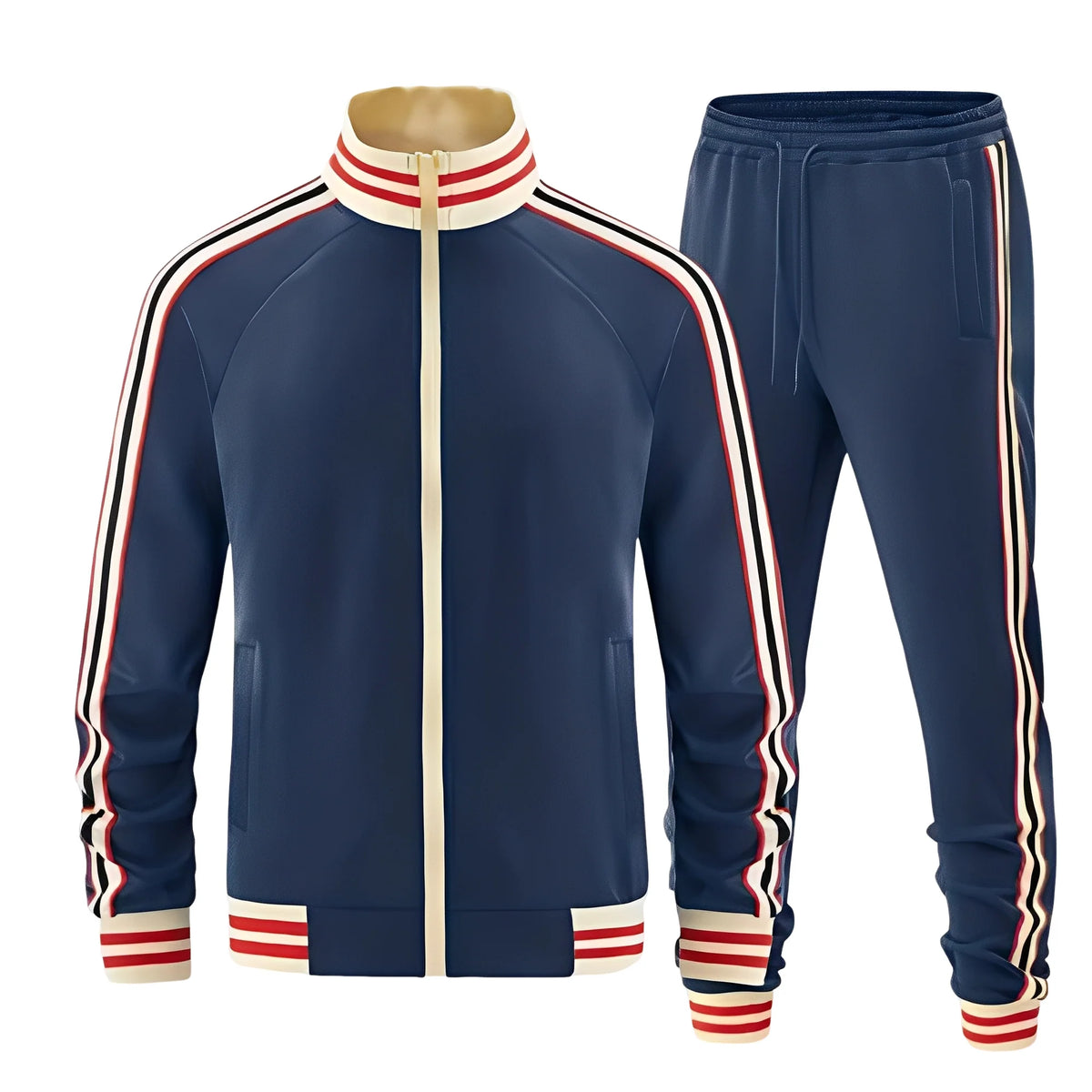 Tim | Heren Trainingspak Retro – Gestreepte Boorden en Opstaande Kraag