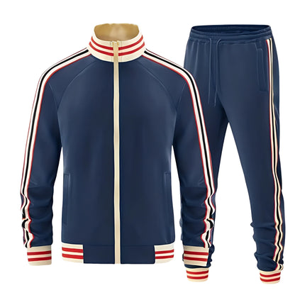 Tim | Heren Trainingspak Retro – Gestreepte Boorden en Opstaande Kraag