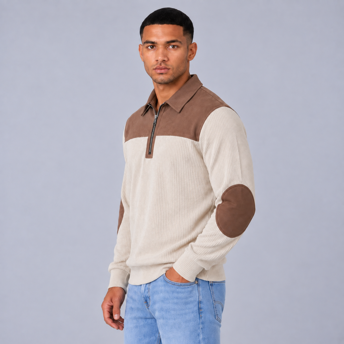 Tim | Warme Quarter-Zip Trui – Contrastpanelen en Elleboogstukken