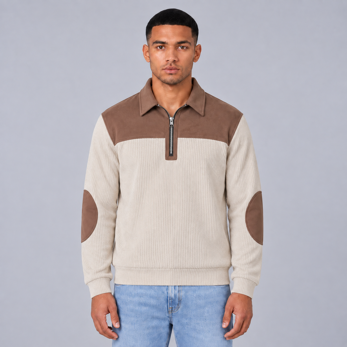 Tim | Warme Quarter-Zip Trui – Contrastpanelen en Elleboogstukken
