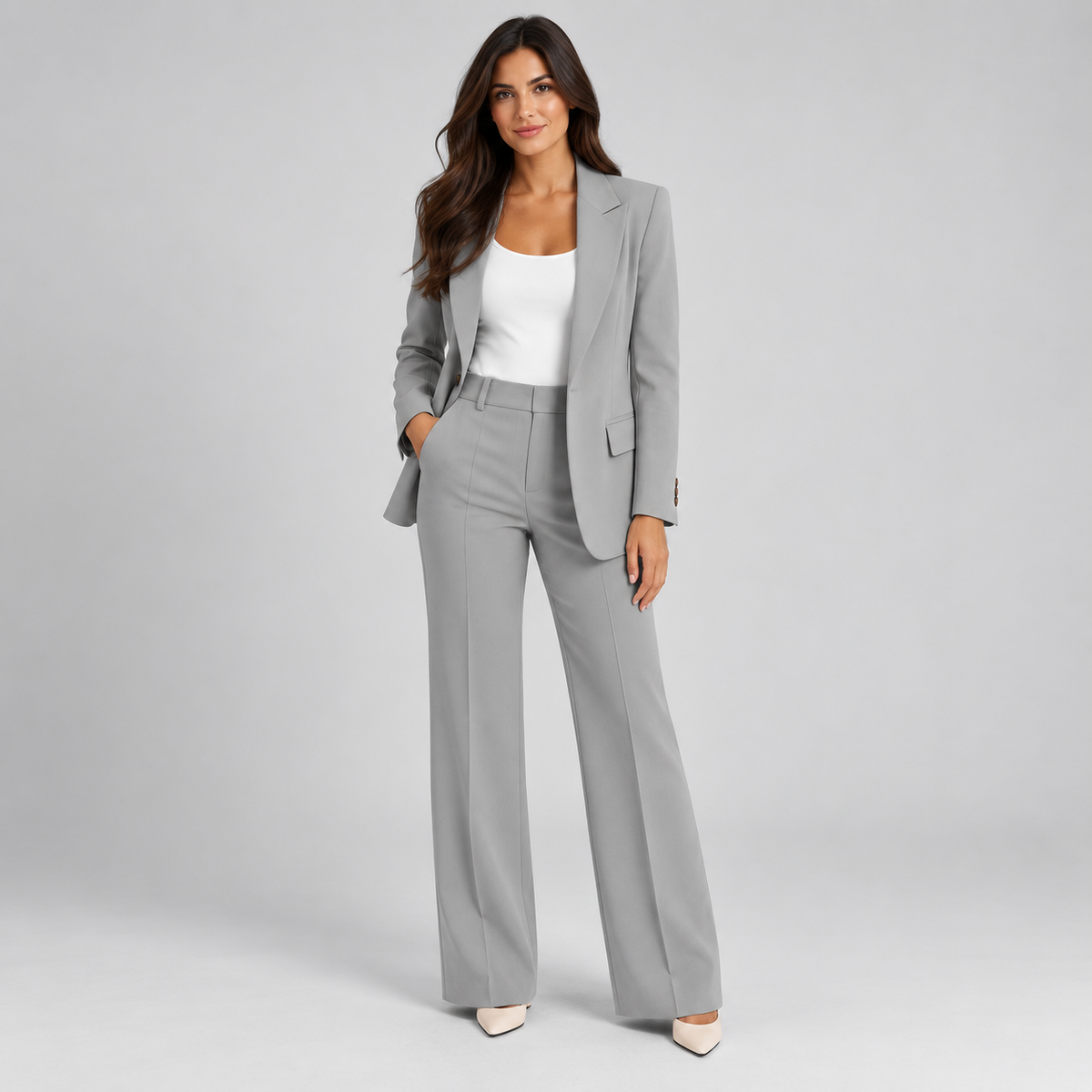 Anne | Dames Broekpak Smart Casual – Blazer met Open Voorzijde en Wijde Pijpen