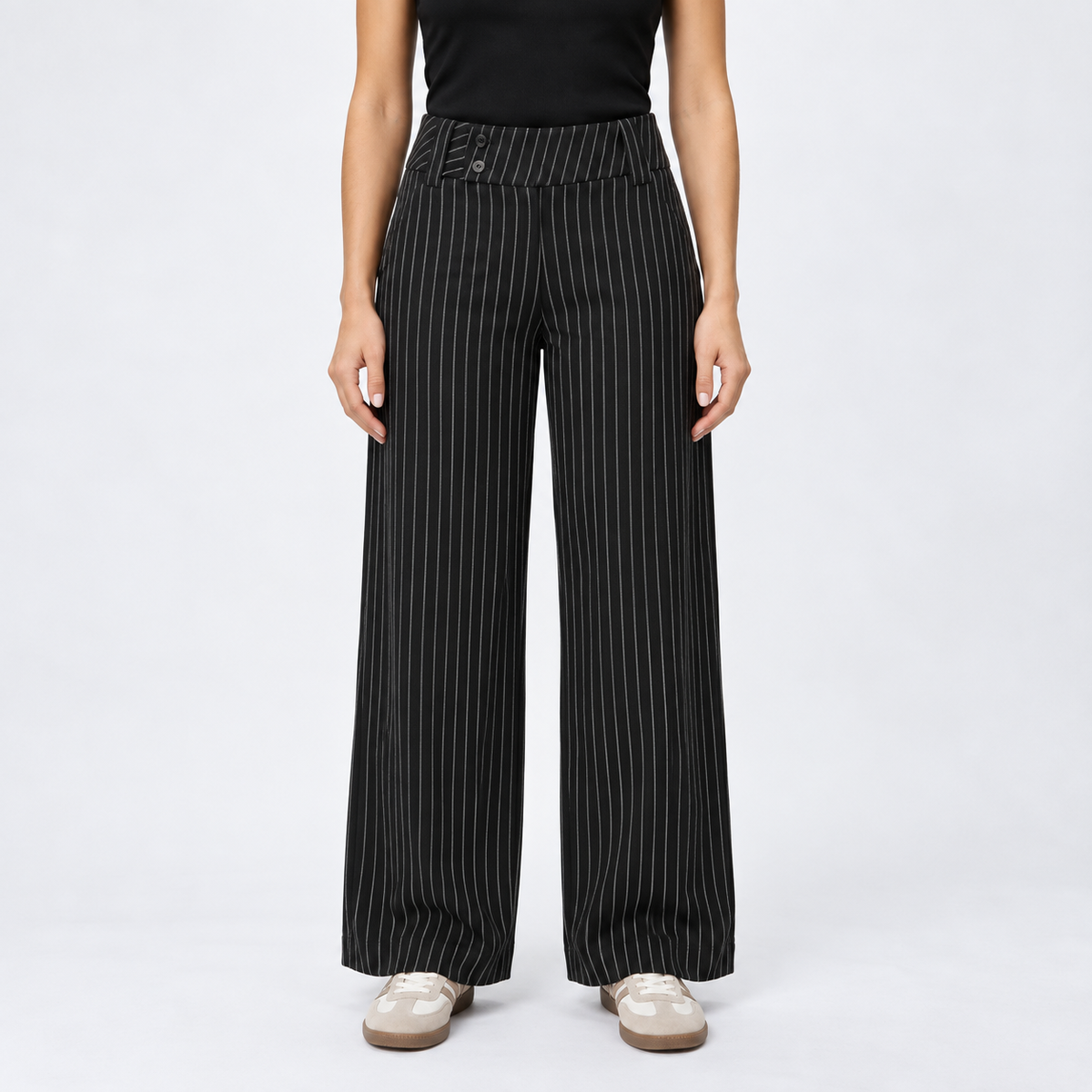Iris | Dames Gestreepte Broek Wijdvallend – Hoge Taille met Ceintuur