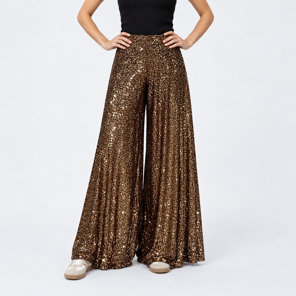 Isa | Dames Feestelijke Broek – Wijde Pijpen met Glitter en Hoge Taille