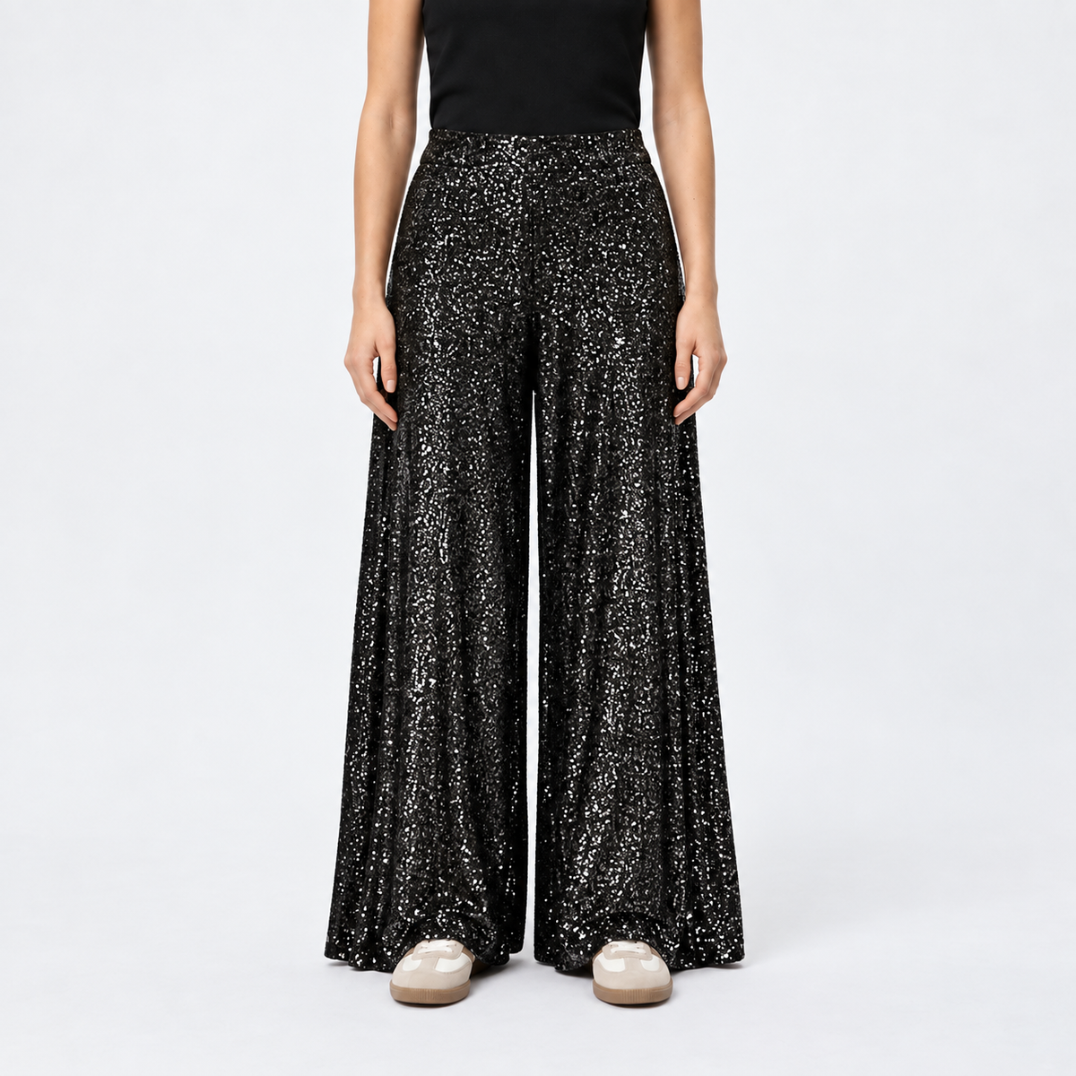 Isa | Dames Feestelijke Broek – Wijde Pijpen met Glitter en Hoge Taille