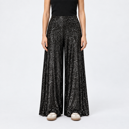 Isa | Dames Feestelijke Broek – Wijde Pijpen met Glitter en Hoge Taille