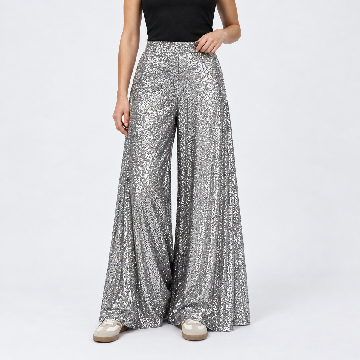 Isa | Dames Feestelijke Broek – Wijde Pijpen met Glitter en Hoge Taille