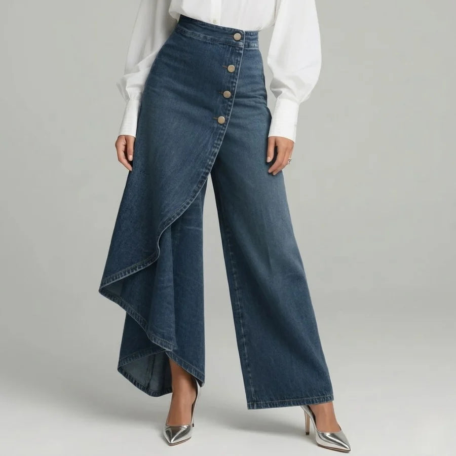 Jasmijn | Dames Jeans Wijde Pijpen – Asymmetrische Overslag en Hoge Taille