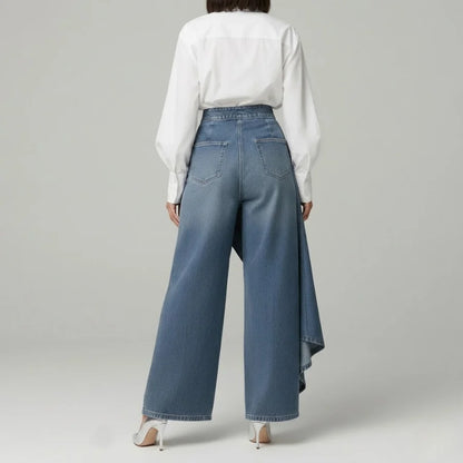 Jasmijn | Dames Jeans Wijde Pijpen – Asymmetrische Overslag en Hoge Taille