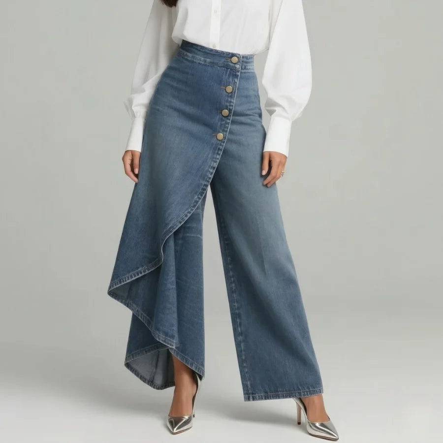 Jasmijn | Dames Jeans Wijde Pijpen – Asymmetrische Overslag en Hoge Taille