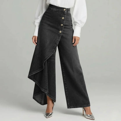Jasmijn | Dames Jeans Wijde Pijpen – Asymmetrische Overslag en Hoge Taille