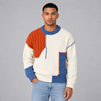 Quinten | Comfortabele Trui met Patchwork Print – Relaxed Fit en Speelse Kleurcombinatie
