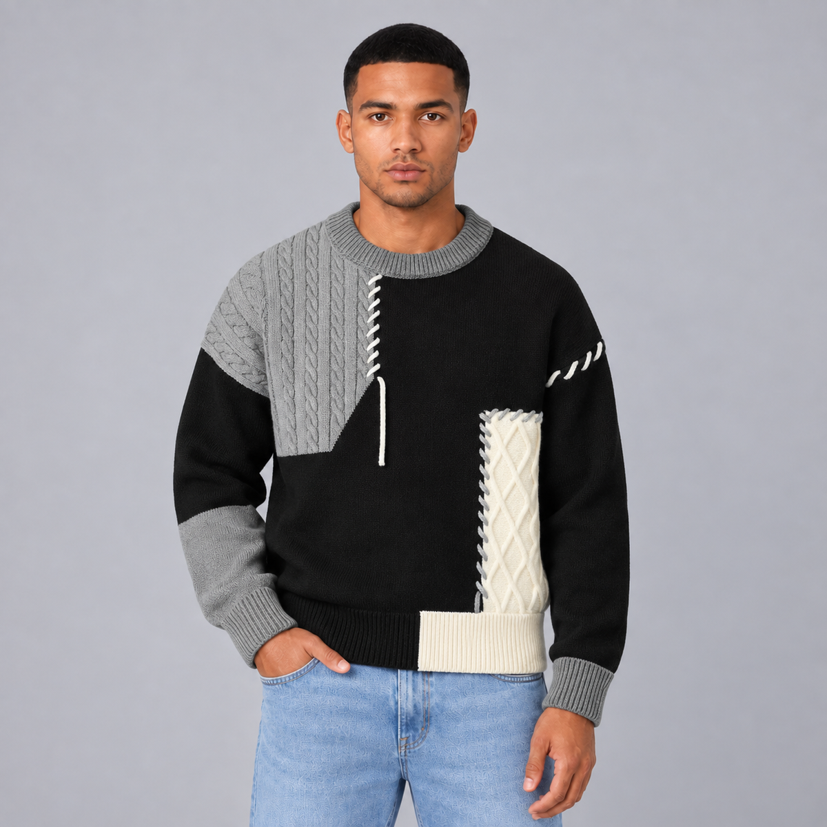 Quinten | Comfortabele Trui met Patchwork Print – Relaxed Fit en Speelse Kleurcombinatie
