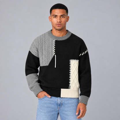 Quinten | Comfortabele Trui met Patchwork Print – Relaxed Fit en Speelse Kleurcombinatie