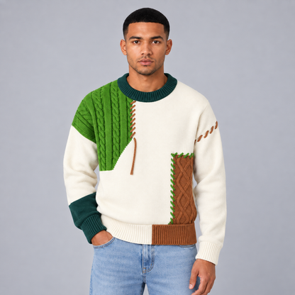 Quinten | Comfortabele Trui met Patchwork Print – Relaxed Fit en Speelse Kleurcombinatie